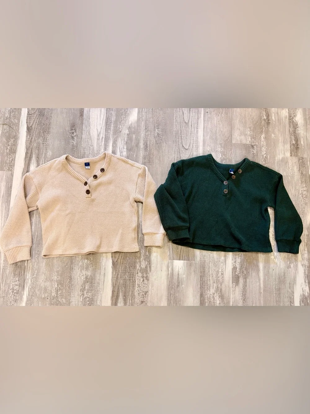 Old Navy Kids Waffle Henley Tops - Cream and Dark Green